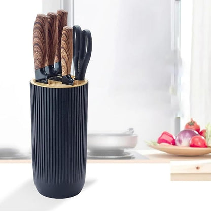 Luxury Aesthetic Kitchen Knife Set with Holder,6Pcs Black Knife Set with Wood Grain Handle,Stainless Steel Chef Knives and Scissors,Gift for Cooking