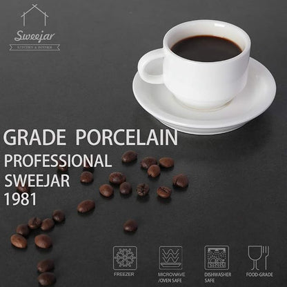 Sweejar Porcelain Espresso Cup & Saucer Set, Stackable Demitasse Cups with Metal Stand, 2.5 OZ for Latte,Coffee,Cafe Mocha,Tea, Set of 6(White)