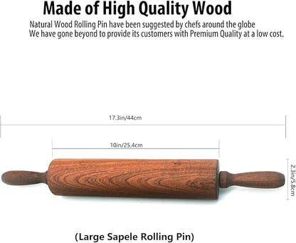 Classic Sapele Wooden Rolling Pin With Handles Large17.3"L x 2.3"W | Wood Baking Roller for Pizza, Pie, Bread, Pastry & Cookie Dough