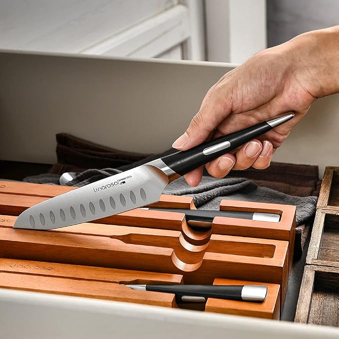 Linoroso Santoku Knife - Ultra Sharp German High-Carbon Stainless Steel, 6 inch - Mako Series with Exquisite In-Drawer Knife Block