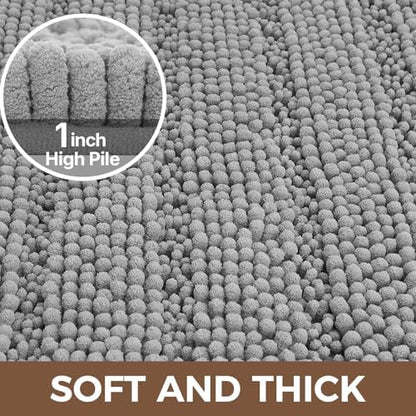 Bcoimo Bath Rug Mat,48x30 Chenille Non Slip Gray Long Bathroom Runner Rugs