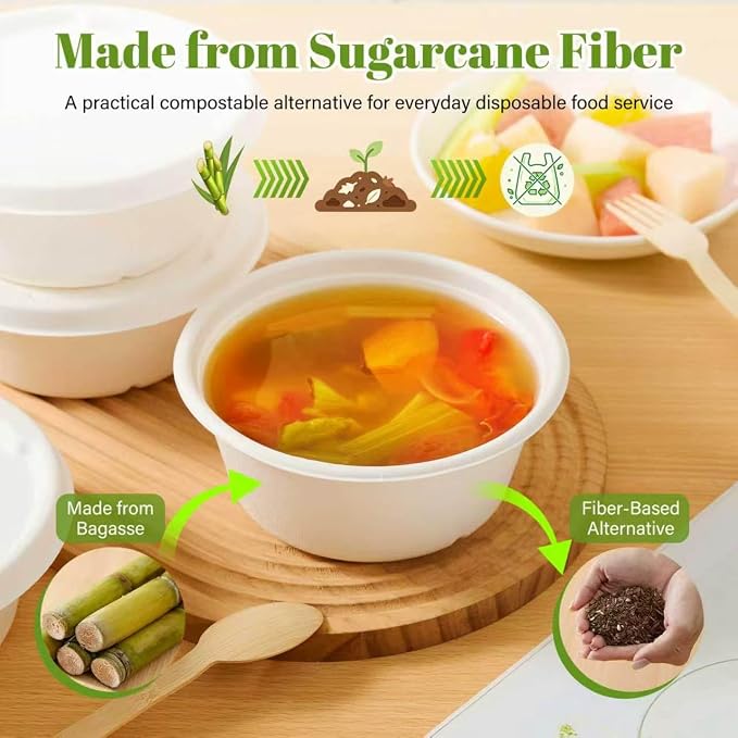 29 oz Disposable Bagasse Bowls with Lids, 50 Pack Compostable Soup Bowls with Lids, Sugarcane Fiber Food Containers, Enhanced Coating, Oil & Moisture Resistant, Microwave Safe for Takeout & Meal Prep