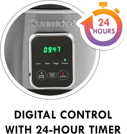 Kenmore Programmable 7 qt (6.6L) Slow Cooker with Dipper Sauce-Warmer, Black and Silver, Stainless Steel, Digital Display, One-Touch Controls, Braise, Simmer, Sous Vide, Stew, Soup, Chili, Curry
