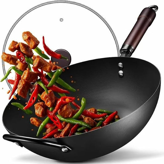 Wok, 13 Inch carbon steel woks & stir-fry pans nonstick, Pre-Seasoned 5.8QT Flat Bottom Chinese Wok Paella Pan with lid, Carbon Steel Cookware, Compatible with All Cooktops