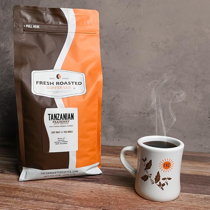 Fresh Roasted Coffee, Tanzanian Peaberry, 5 lb (80 oz), Light Roast, Kosher, Ground