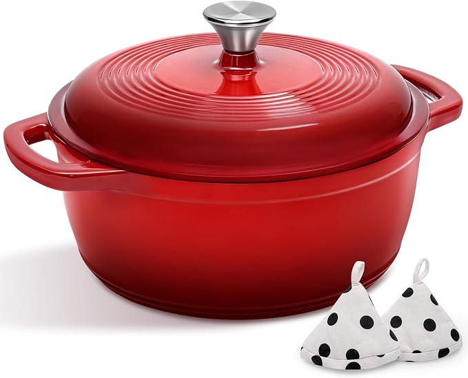 Enameled Cast Iron Dutch Oven Pot With Lid - AIVIKI 5QT Dutch Oven for Bread Baking With Cotton Potholders - Heavy-Duty Cookware for Braising, Stew, Roasting, Oven Safe up to 500°F, Red