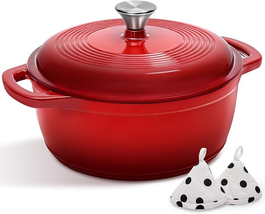 Enameled Cast Iron Dutch Oven Pot With Lid - AIVIKI 5QT Dutch Oven for Bread Baking With Cotton Potholders - Heavy-Duty Cookware for Braising, Stew, Roasting, Oven Safe up to 500°F, Red