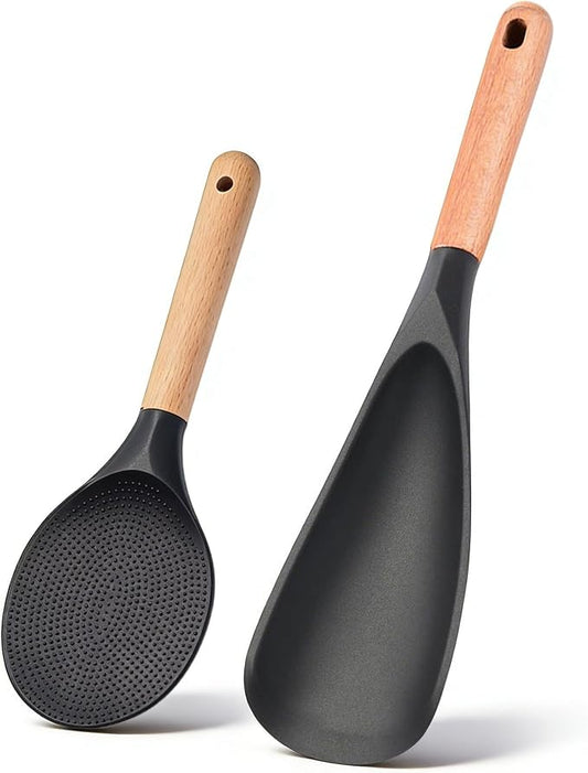Cooking Spoon 2-Pack: Multi-Function Wood Handle Silicone Spatula Spoon & Rice Scooper for Nonstick Cookware - BPA-Free Heat-Resistant Kitchen Utensils Set for Mixing, Serving, Scooping, Scraping