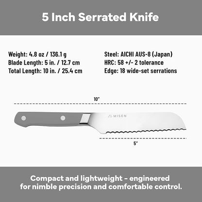 Misen Serrated Bread Knife - High-Carbon Japanese AUS8 Steel - Perfect for Soft Foods, Bread, Pastries, and Fruits - Verstatile Slicer, Razor-Sharp Edge, Durable Blade, Ergonomic Handle - 5", Gray