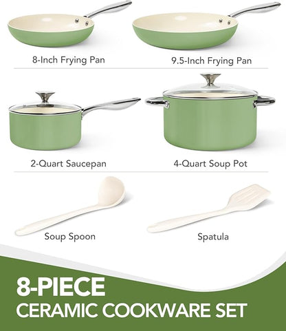 MICHELANGELO Pots and Pans Set Non Stick 8 Piece Ceramic Cookware Set Green | PFAS-Free Green Ceramic Nonstick Cookware Set for Eggs, Fish, Vegetables, Low-Oil Cooking and Induction Stoves, Easy Cleanup
