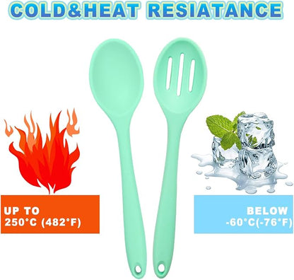 8 Pcs Heat Resistant Non Stick Silicone Serving Spoons Set -Ideal for Cooking, Baking, Mixing, Stirring Includes Slotted & Solid Spoons, Design for Nonstick Cookware (Green)