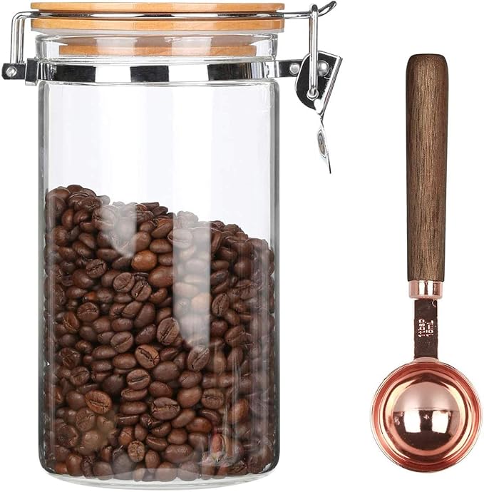 KKC HOME ACCENTS 40 oz Glass Coffee Airtight Canister with 1 TBSP Spoon, 1200ml Borosilicate Jar Holds 1 lb Coffee Beans, Airtight Bamboo Lid Storage Container for Grounds