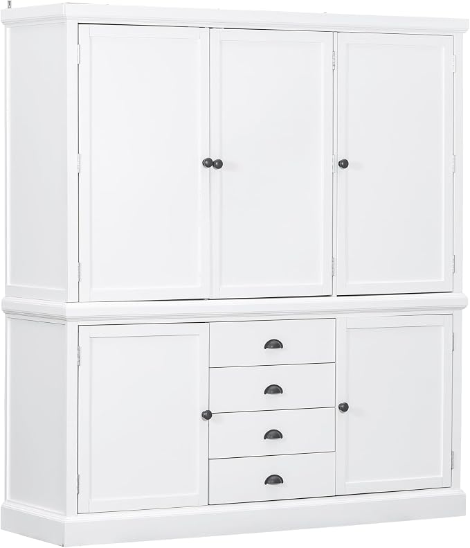 VilroCaz Freestanding Large Kitchen Pantry, Wooden Kitchen Organizers and Storage Kitchen Cabinet with 4 Drawers, Cupboard, 5 Doors, Adjustable Shelves for Dining Room (White-3.15)