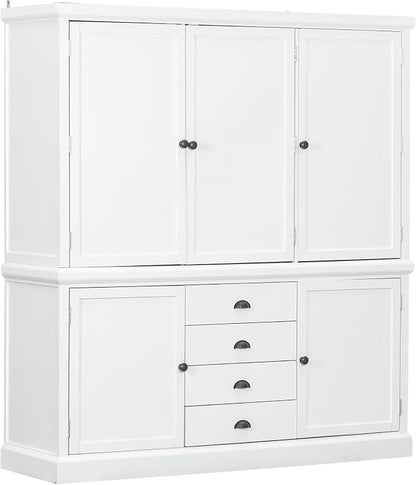 VilroCaz Freestanding Large Kitchen Pantry, Wooden Kitchen Organizers and Storage Kitchen Cabinet with 4 Drawers, Cupboard, 5 Doors, Adjustable Shelves for Dining Room (White-3.15)