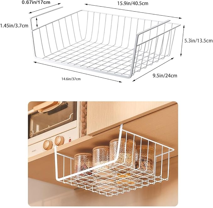 Under Shelf Storage Basket, Hanging shelf basket Slides Under Shelves for Storage Metal Under Cabinet Shelf Basket Organizer Space Saving for Kitchen Pantry Desk Bookshelf (White Pack of 2)