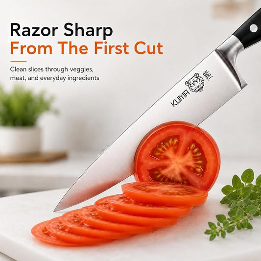 KUMA 8 Inch Chef Knife, Razor Sharp Stainless Steel Blade with Gift Box | ergonomic handle, balanced control, multipurpose kitchen prep, slice, chop, and dice vegetables, herbs, fruit, bonesless meat