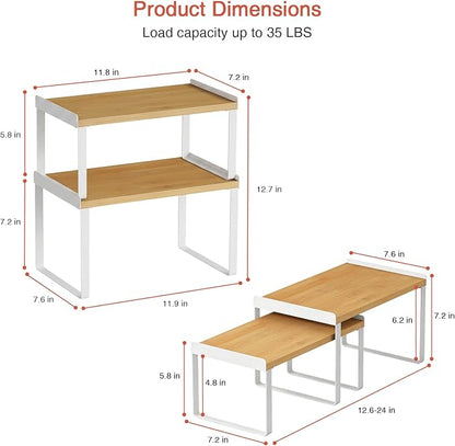 Goozii Cabinet Shelf Organizers Set of 4, Kitchen Countertop Rack for Plates Dishes Cups Mugs Spices, Pantry Cupboard Cabinet Organizers, Storage Shelves Rack Insert for Counter (Bamboo Wood, White)