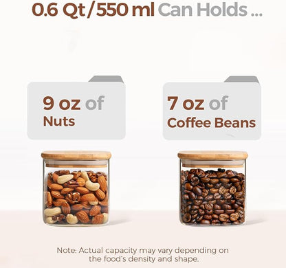 ComSaf 0.6 Qt Glass Food Storage Jars Set of 6, Clear Storage Containers with Airtight Lids, Pantry Organization Jar, Spice Jar, Blooming Tea, Coffee and Sugar Container, Canister Set for Kitchen