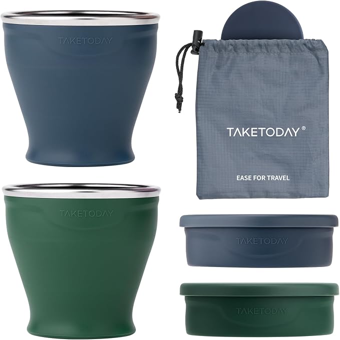 TakeToday 2PCS Collapsible Travel Cup 8 oz - Silicone Foldable Water Cup, BPA-Free with Lid & Waterproof Bag - Drinking Cup Set for Camping, Outdoors & International Travel（ Navy & Dark Green）