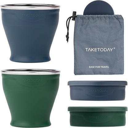 TakeToday 2PCS Collapsible Travel Cup 8 oz - Silicone Foldable Water Cup, BPA-Free with Lid & Waterproof Bag - Drinking Cup Set for Camping, Outdoors & International Travel（ Navy & Dark Green）