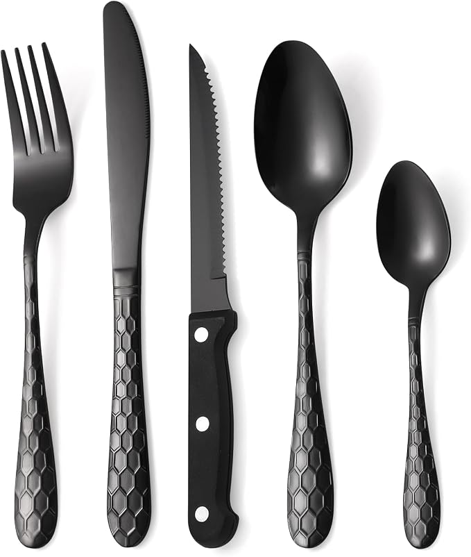 30 Pcs Black Hammered Silverware Set Service for 6,with Steak Knives Stainless Steel Flatware Set,Mirror Cutlery Utensil,Durable Kitchen Tableware,Ripple Teardrop Fork Knife Spoon,Dishwasher Safe