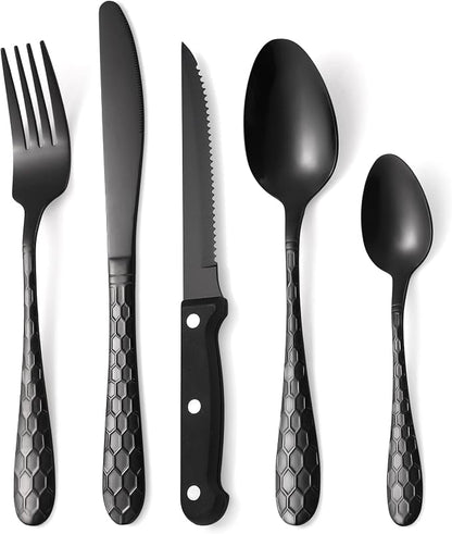 30 Pcs Black Hammered Silverware Set Service for 6,with Steak Knives Stainless Steel Flatware Set,Mirror Cutlery Utensil,Durable Kitchen Tableware,Ripple Teardrop Fork Knife Spoon,Dishwasher Safe