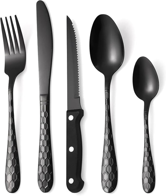 30 Pcs Black Hammered Silverware Set Service for 6,with Steak Knives Stainless Steel Flatware Set,Mirror Cutlery Utensil,Durable Kitchen Tableware,Ripple Teardrop Fork Knife Spoon,Dishwasher Safe