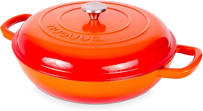 Shallow Cast Iron Casserole with Lid – Non Stick Dutch Oven Pot, Oven Safe up to 500° F – Sturdy Ovenproof Stockpot Cookware – Enamelled Cooking Pot – Orange, 5-Quart, 32cm – by Nuovva