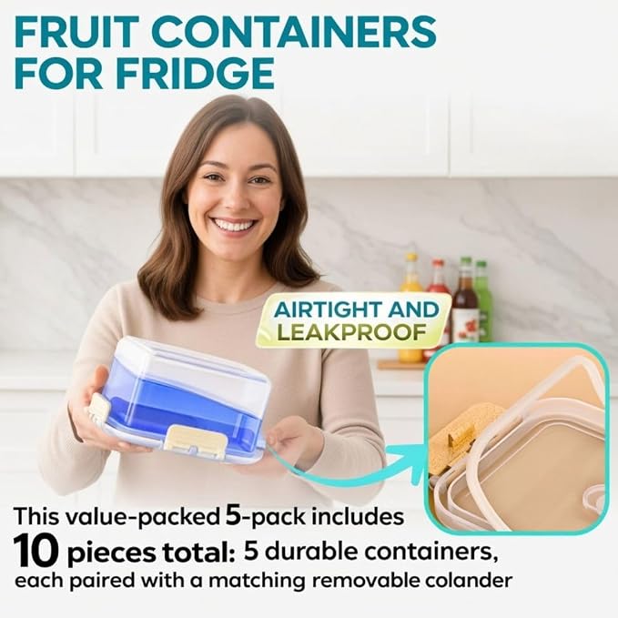 Fruit Containers for Fridge Keep Fresh, 5-Pack BPA-Free Produce Storage Containers with Removable Colander, Airtight Fridge Organizer for Berry Vegetable, Microwave & Dishwasher Safe (Cream)