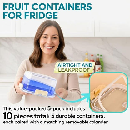 Fruit Containers for Fridge Keep Fresh, 5-Pack BPA-Free Produce Storage Containers with Removable Colander, Airtight Fridge Organizer for Berry Vegetable, Microwave & Dishwasher Safe (Cream)