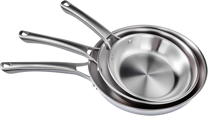 VINGLI 3-Pcs Stainless Steel Skillets Set, 8" / 10" / 12", Non-Toxic, PFOA & PTFE Free, Dishwasher & Oven Safe, Compatible with All Cooktops