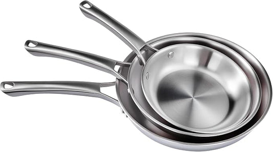VINGLI 3-Pcs Stainless Steel Skillets Set, 8" / 10" / 12", Non-Toxic, PFOA & PTFE Free, Dishwasher & Oven Safe, Compatible with All Cooktops