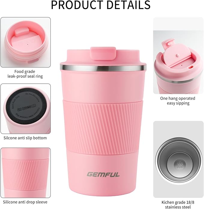 GEMFUL Travel Coffee Mug 13 oz Insulated Coffee Tumbler To Go with Lid Leak Proof Vacuum Stainless Steel Reusable for Hot Cold Drinks (Pink)