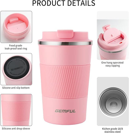GEMFUL Travel Coffee Mug 13 oz Insulated Coffee Tumbler To Go with Lid Leak Proof Vacuum Stainless Steel Reusable for Hot Cold Drinks (Pink)