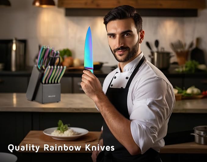 WELLSTAR Rainbow Knife Set 14 Pieces, Iridescent German Stainless Steel Kitchen Knives Set with Wooden Block, Colorful Titanium Coating, Chef’s Knife Block Set with Scissors and Built-in Sharpener
