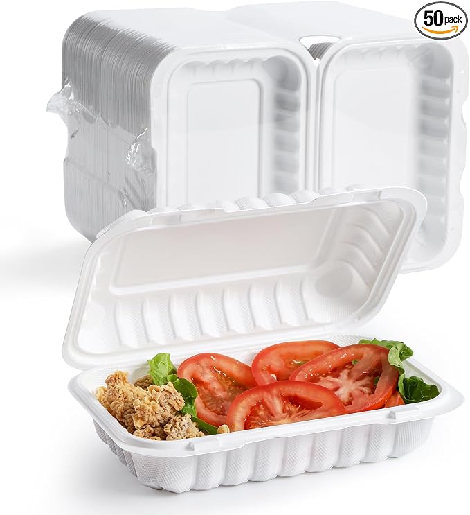 YANGRUI 50-Pack 28oz 9x6 White Takeout Boxes - Shrink Wrapped No Pre-Wash | BPA Free Heavy Duty Mineral PP, Microwave & Freezer Safe | Reusable Clamshell for Sandwiches, Subs & Meal Prep