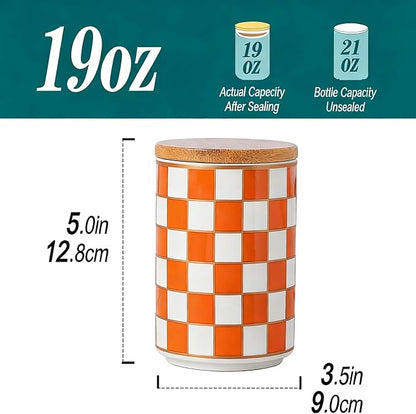 Kitchen Countertop Ceramic Checkered Canisters,Black And White Food Storage Containers With Lid,Airtight Kitchen Canisters for Flour, Sugar, Coffee, Tea, and Dry Goods (Orange, Small)