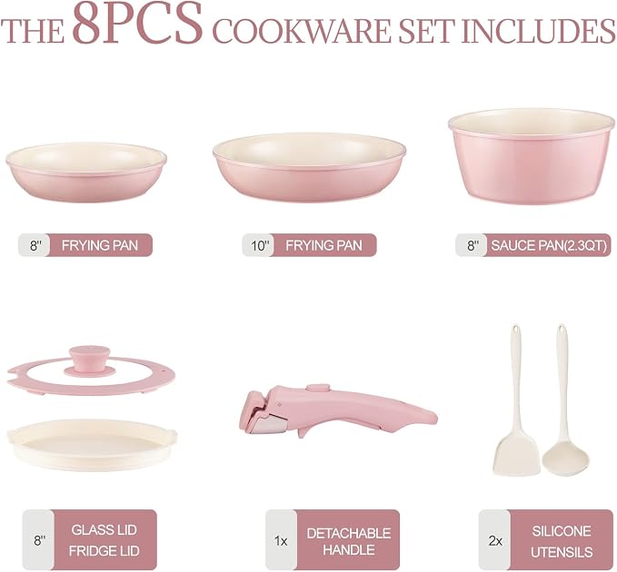 Ceramic Cookware Set Non Stick 8Pcs Pots and Pans Set Removable Handle Induction Kitchen Cookware Set with Frying Pans Oven Safe, Light Pink