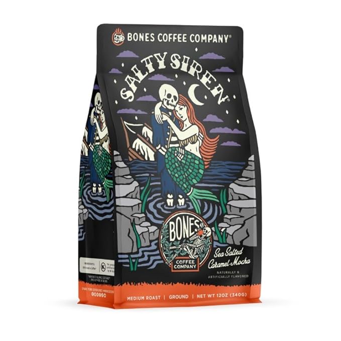Bones Coffee Company Decaf Salty Siren, Sea Salted Caramel Chocolate Decaffeinated Flavored Coffee, Medium Roast Low Acid Arabica Beans For Auto drip and French Press Coffee Maker, 12 Oz Ground