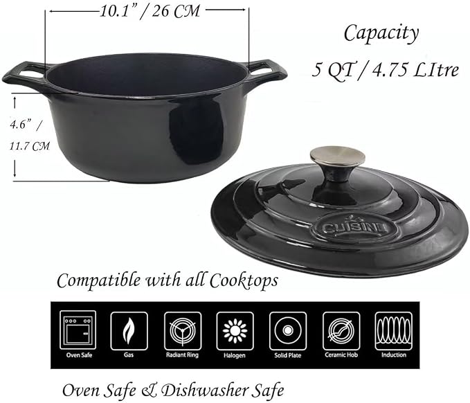 La Cuisine Enameled Cast Iron Dutch Oven Casserole Dish Pot with Lid 5 QT 10 Inches Dia. Matt Black Enamel Coating Interior, Glossy Black Exterior, Oven-Safe, Induction Cooktop Compatible