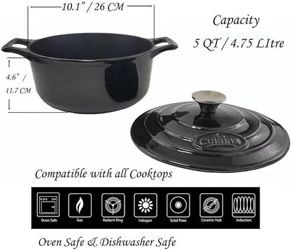 La Cuisine Enameled Cast Iron Dutch Oven Casserole Dish Pot with Lid 5 QT 10 Inches Dia. Matt Black Enamel Coating Interior, Glossy Black Exterior, Oven-Safe, Induction Cooktop Compatible