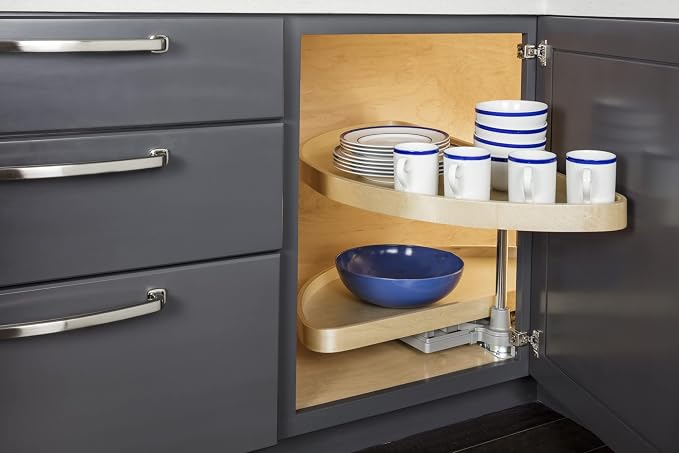 Hardware Resources 38" Blind Corner Cabinet Organizer - UV Coated Finished White Birch Wood Half-Moon Trays - Kitchen Pantry Rotating Racks for Left & Right-Hand Cupboards - Fits 17.5" Cabinet Opening