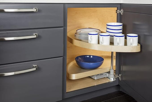 Hardware Resources 38" Blind Corner Cabinet Organizer - UV Coated Finished White Birch Wood Half-Moon Trays - Kitchen Pantry Rotating Racks for Left & Right-Hand Cupboards - Fits 17.5" Cabinet Opening