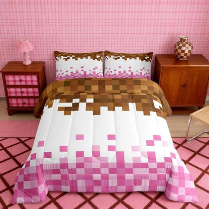 Manfei Pixelated Theme Kids Comforter Toddler Size,Geometric Grid Quilt Set for Kids Boys Girls Bedroom Decor,Video Games Gamepad Bedding Set,Pink White Brown Duvet Insert,1 Pillowcase