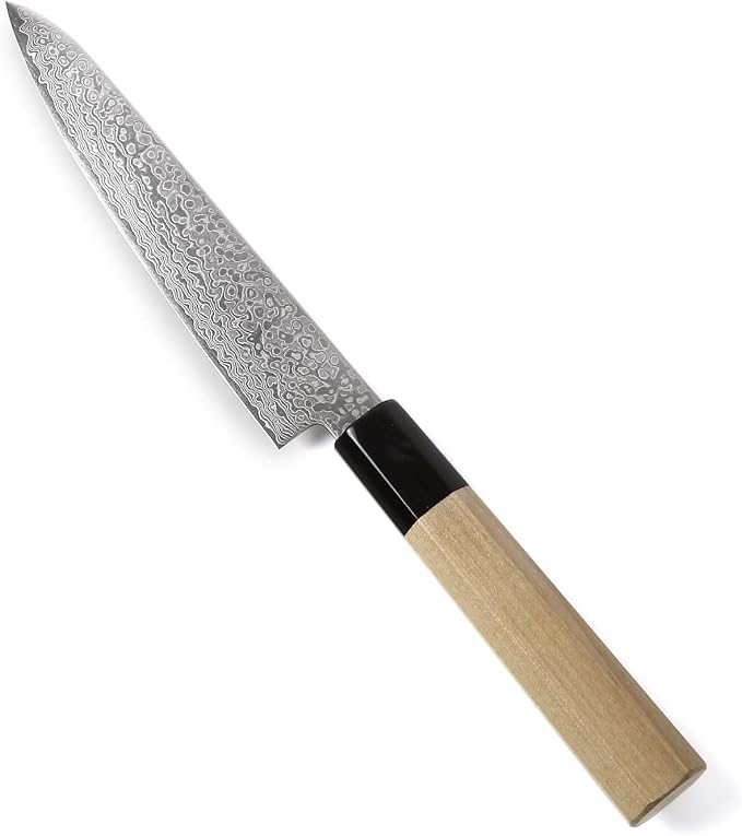 Japanese Petty Knife Damascus ZA18 69 Layer Octagonal Magnolia Wood Handle, 6-inch (150mm)