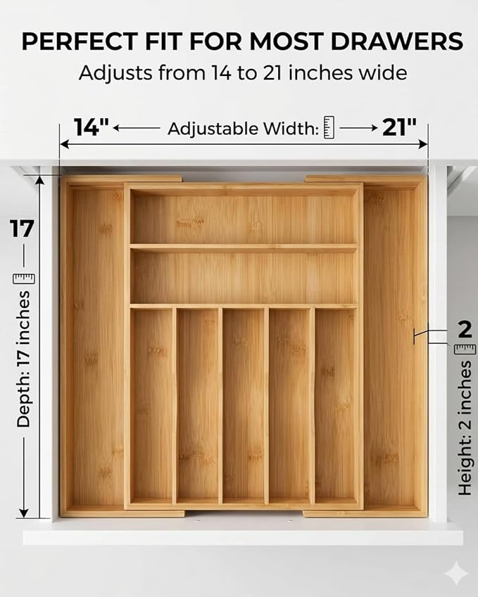 Expandable Bamboo Silverware Drawer Organizer, 5-7 Compartments | Expands to Fit Most Drawers, 5-7 Compartments, Dual-Zone Storage for Flatware and Large Utensils