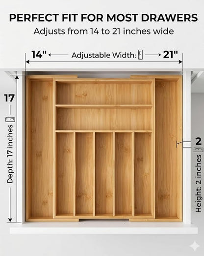 Expandable Bamboo Silverware Drawer Organizer, 5-7 Compartments | Expands to Fit Most Drawers, 5-7 Compartments, Dual-Zone Storage for Flatware and Large Utensils