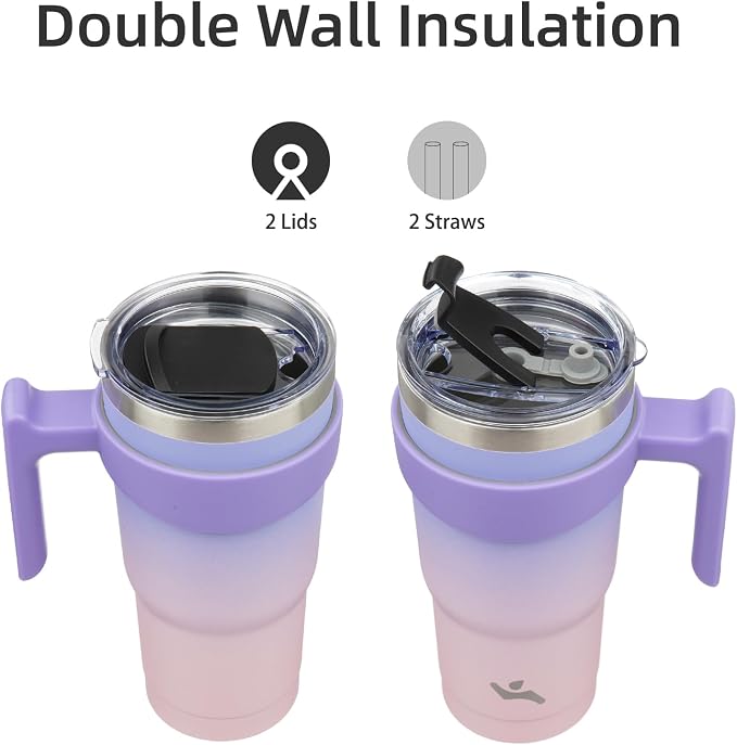 Konokyo 20 oz Tumbler with Handle and 2 Straw 2 Lid, Insulated Water Bottle Stainless Steel Vacuum Cup Reusable Travel Mug,Pastel Sunset