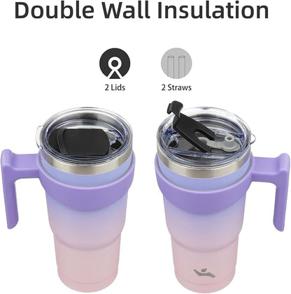 Konokyo 20 oz Tumbler with Handle and 2 Straw 2 Lid, Insulated Water Bottle Stainless Steel Vacuum Cup Reusable Travel Mug,Pastel Sunset