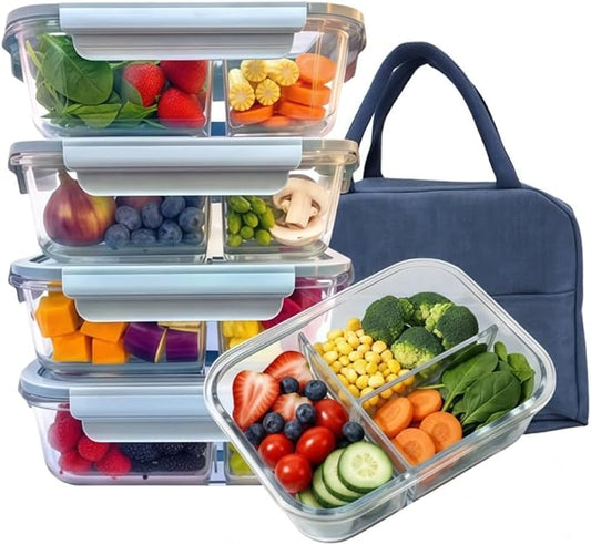 5Pack (32oz-3 Compartments with Lunch Bag) Glass Food Storage Containers with Lids for Kitchen Meal Prep, Fridge Organization, Lunch Box